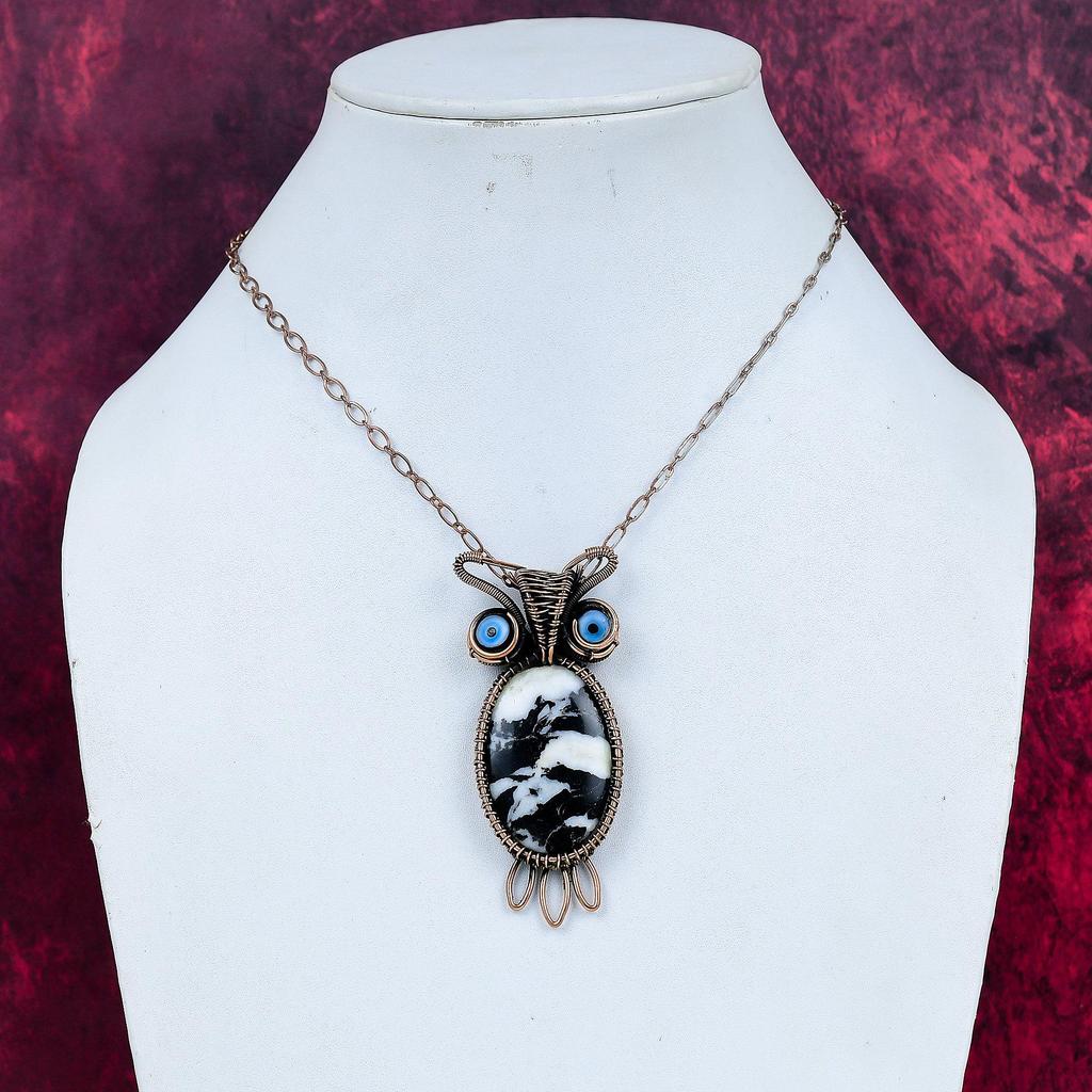 White Buffalo Turquoise & Black Evil Eye Pendant Copper Wire Wrapped Owl Pendant