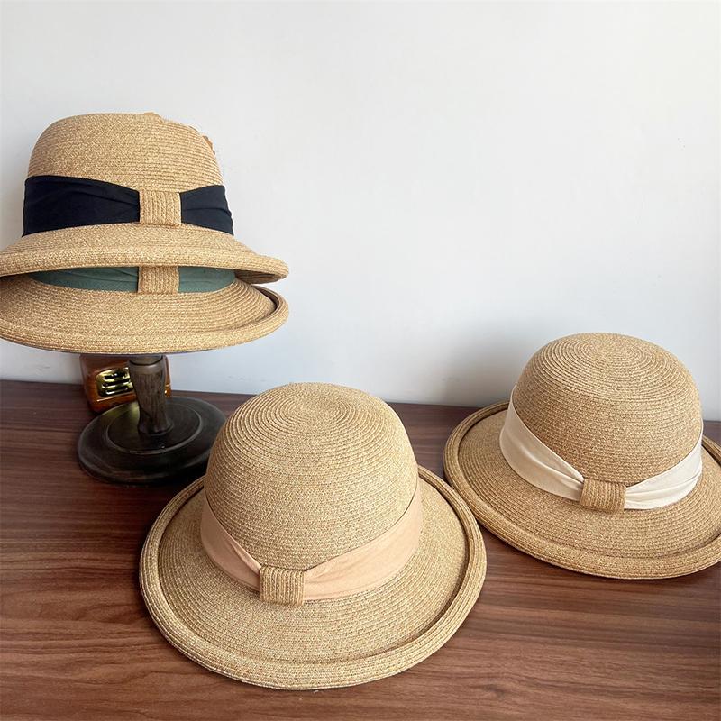 New Trendy Elegant Rolled Brim Raffia Hat With Satin Band Casual Beach Sun Hat Women Summer Vacation Boho Wedding Outdoor Caps