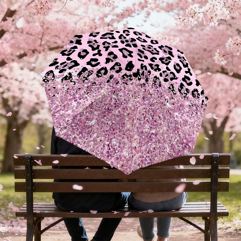 1 Stück Leopardendruck Glitzer-Regenschirm - 9 Speichen verstärkt, Automatisches Öffnen, Leicht & Langlebig, Niedliches Modeaccessoire für Draußen - P0769