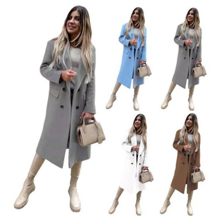 Winter Long Sleeve Women Overcoat Solid Color Lapel Button Design Mid Length Coat with Pockets Outerwear