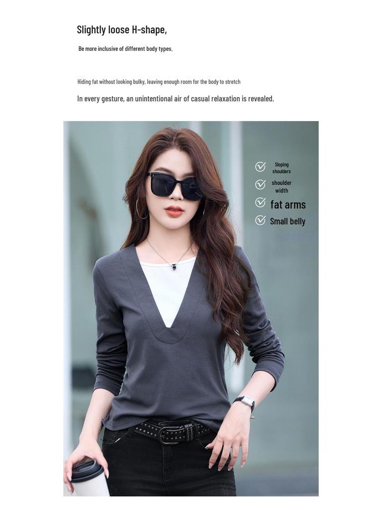 52070 Women's Color Block Long-Sleeved Cotton T-Shirt, 2025 Spring/Autumn, Slim Fit Fake Two-Piece.