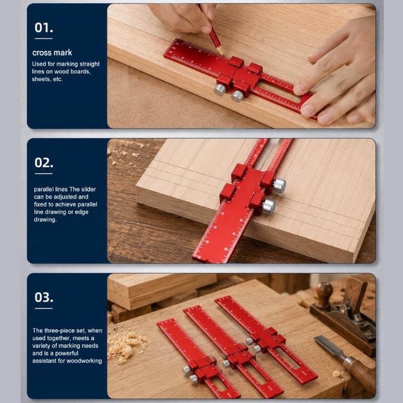 Wood Board Marking Ruler, Aluminum Body Layout Tool with T Guide for Cabinet Work, Trim Fitting, and Measuring