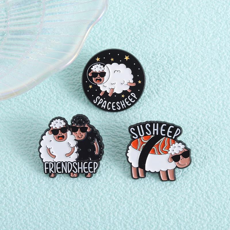 Cartoon Fluffy Sheep Enamel Pin Funny Pun Friendsheep Astronaut Spacesheep Susheep Brooch Lapel Badge Jewelry Gifts for Friends