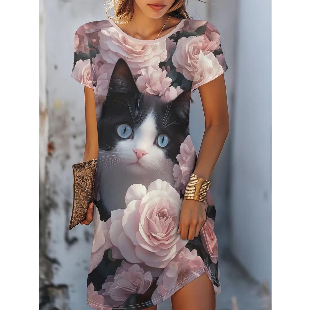 Fashion Summer Cute Dresses Women Elegant Short Sleeve 3D Print Loose Casual Round Neck Oversized Dress
