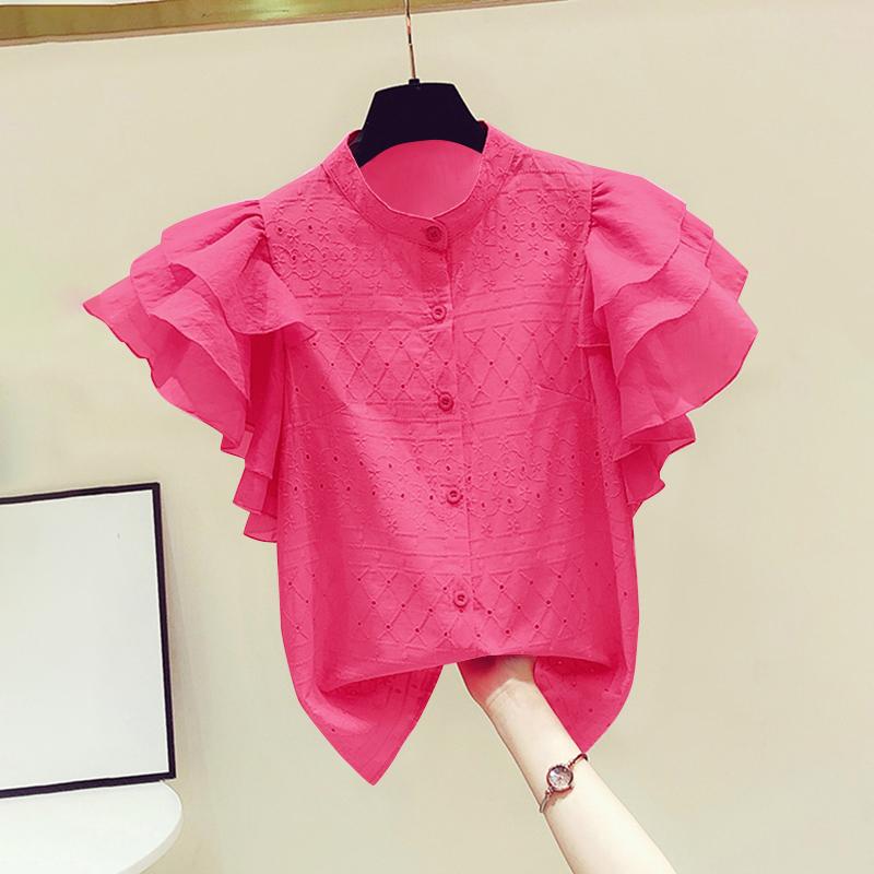 

ZANZEA Женская летняя рубашка с воротником, многослойными оборками и короткими рукавами, кружевные рубашки XL темно-розовый