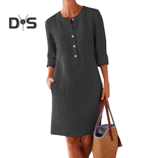 Podzim Jarní Dámské šaty s kulatým výstřihem Jednobarevné Knoflíky Volné Dlouhé rukávy Nášivka Kapsa Délka ke kolenům Neformální šaty na denní nošení