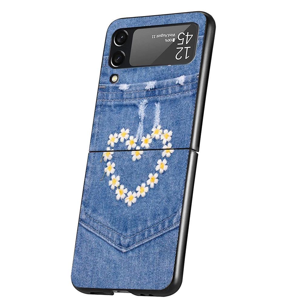 Jeans Cowboy Denim Printed Case Phone Cover for Samsung Galaxy Z Flip 6 5 4 3 5G ZFlip6 ZFlip5 ZFlip4 ZFlip3 Black Hard Trend Fu