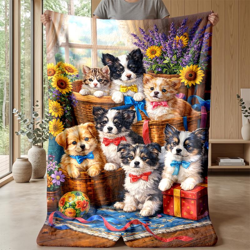 Cute Animal Group with Flowers blanket Personalized Name Flannel Blanket Soft Cozy Plush Throw for Sofa Bed Lightweight Home Decor