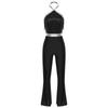 Womens 70s Disco Halter Sequined Top Tassel Fringe Flared Pants Romper Shiny Metallic Jumpsuit