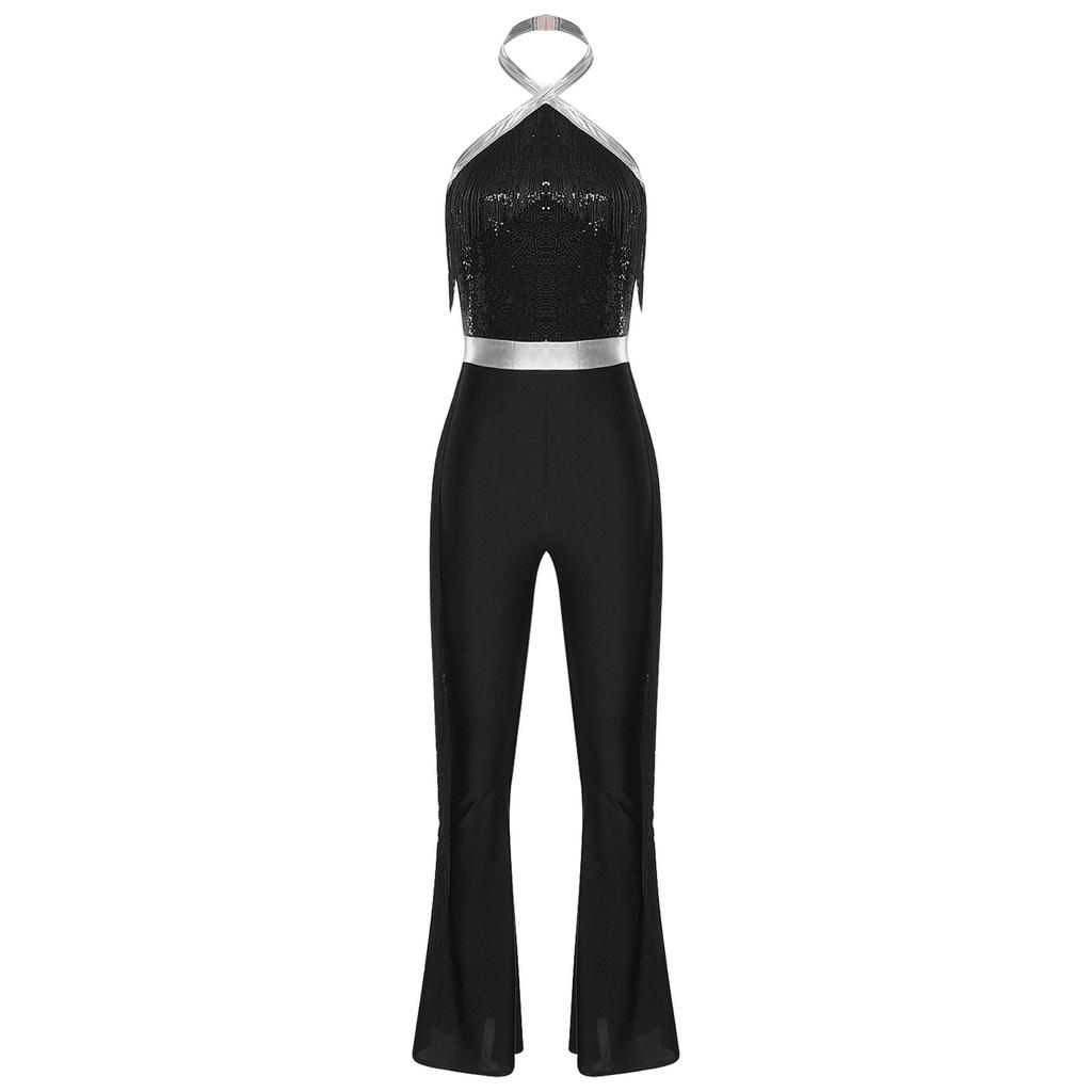 Womens 70s Disco Halter Sequined Top Tassel Fringe Flared Pants Romper Shiny Metallic Jumpsuit