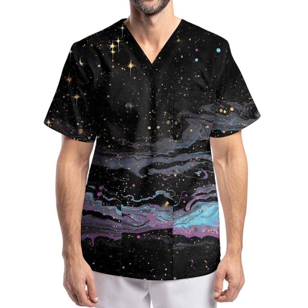 Men's Printing Short Sleeve V-neck Working Blouse Chest Pocket Carer Top