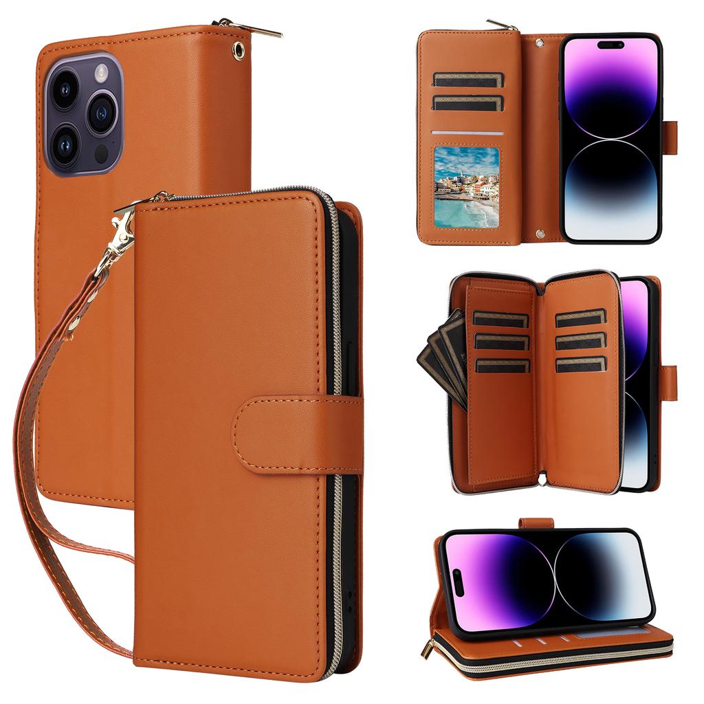 R20 For iPhone 14 Pro Case Zipper Pocket PU Leather Cover with 9 Card Slots