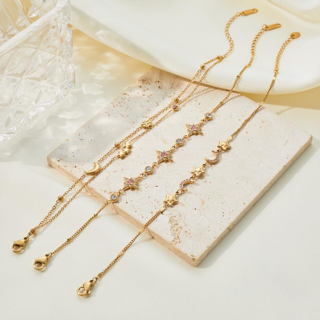 Landy Waterproof Polaris Star Moon Double Chain Bracelet Stainless Steel Hypoallergenic Gold Plated Chain Bracelets for Party