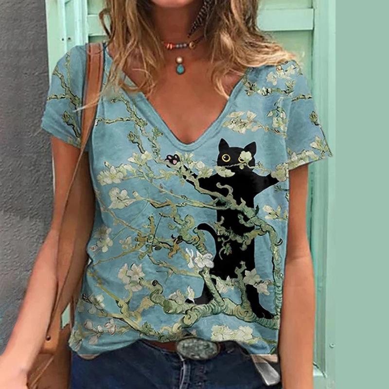 Summer Loose Couples T Shirt Fashion Women V Neck Short Sleeve Tops Casual 3D Floral Print T Shirts