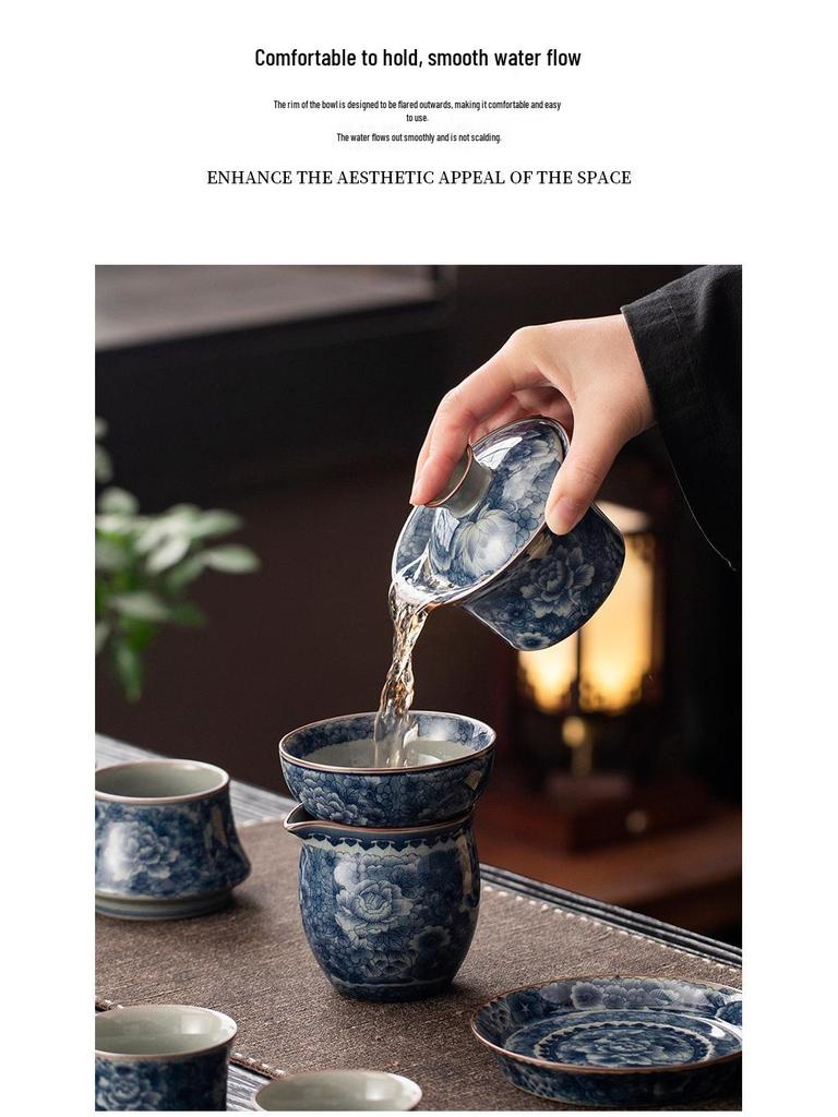 Antique Sancai Blue & White Gaiwan Kung Fu Tea Set: Cultivable Crackle Ceramic Tea Bowl & Large Cup