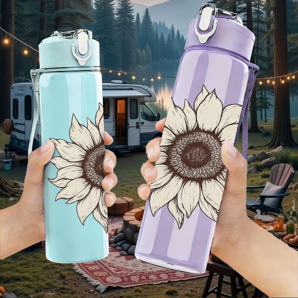 1PC Sunflower Single Bloom Art Print 750ml Color Plastic Sports Water Bottle Leakproof Flip Straw Lid Suitable for Sports Office Home Use
