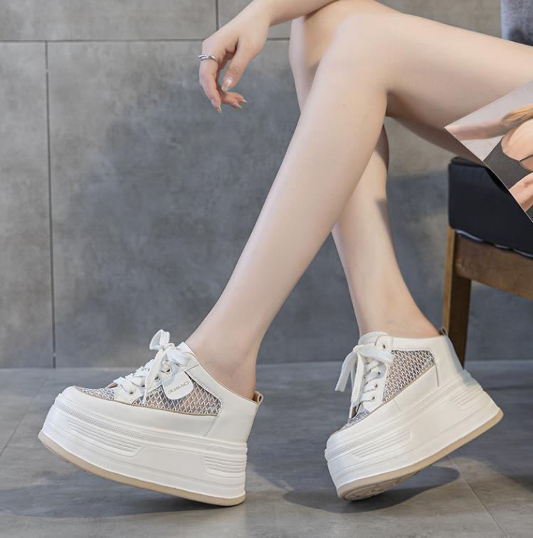 Fashion 12CM Air Mesh Genuine Leather Breathable Sandals Flats Hollow Platform Wedge High Brand Bling Shoes Women Slipper Bling