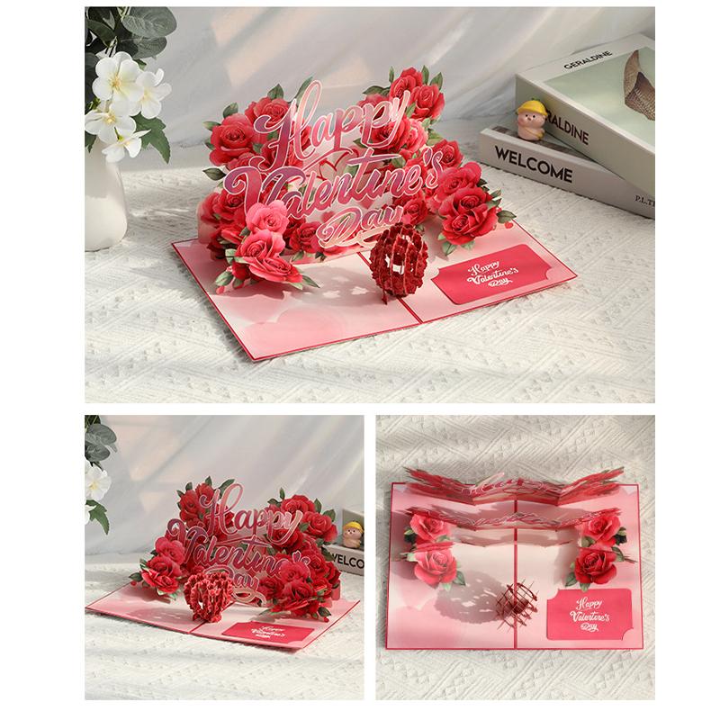 Romantic 3D Rose Folding Card Pop Up Rose Card Anniversary Card Wedding Invitations Card Valentine Day Present Card Valentines Card