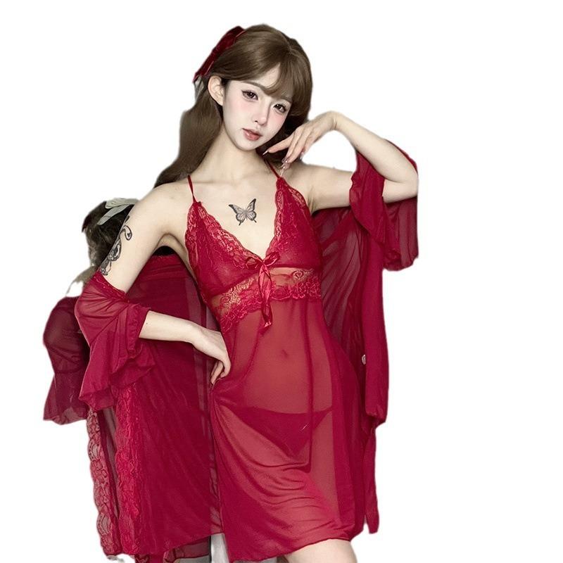 Sexy lingerie pure desire suspender nightgown three-piece lace perspective flirting clothes