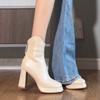 Soft Leather French High-heeled Booties Women's New Spring and Autumn Platform Chunky Heel Skinny Boots