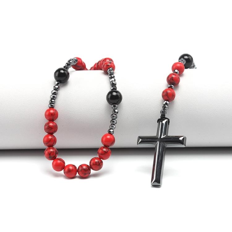 Red Pine Stone Rosary Necklaces Hematite Cross Meditation Jewelry Religious Gift