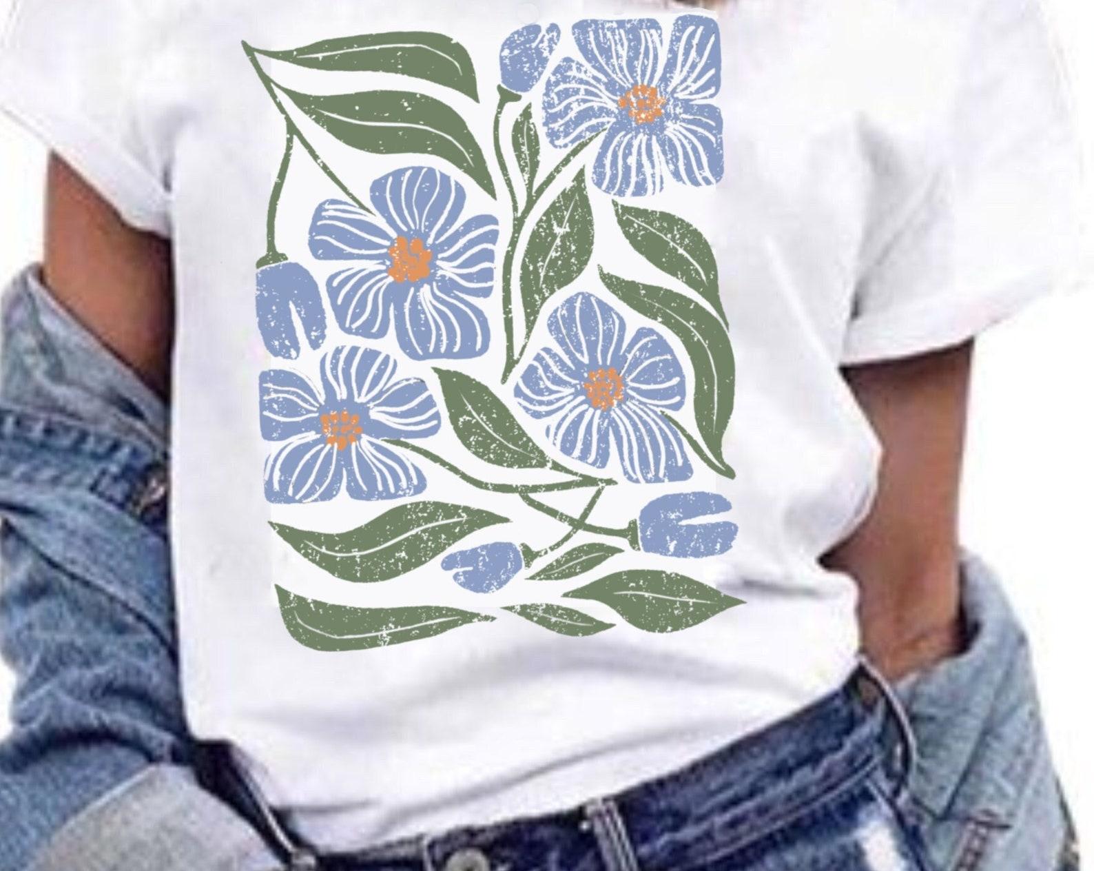 Blue Floral T-Shirt: Botanical Wildflower Tee 3XL