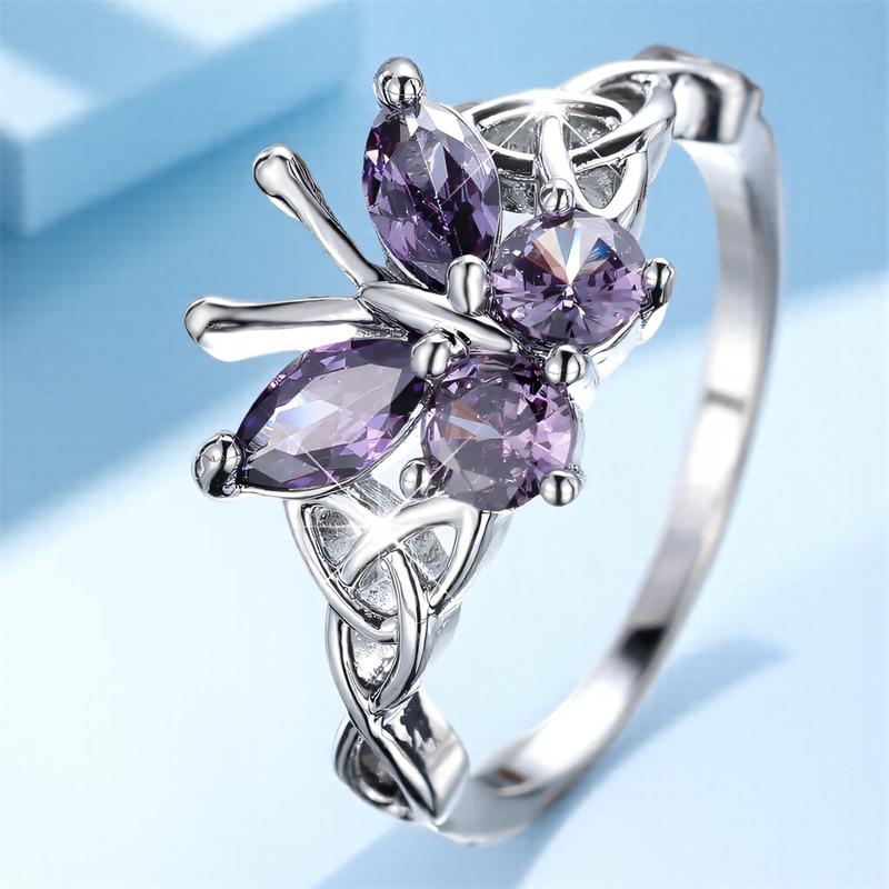 Cute Female Purple Zircon Stone Cute Butterfly Ring Silver Color Cross Engagement Charm Wedding Jewelry For Women