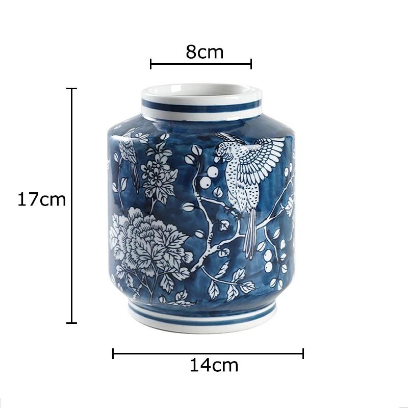 Flowers and Birds Pattern Blue Porcelain Vase Plant Pots Table Decoration Flowers Arrangement Floral Vases Room Aesthetic Decor