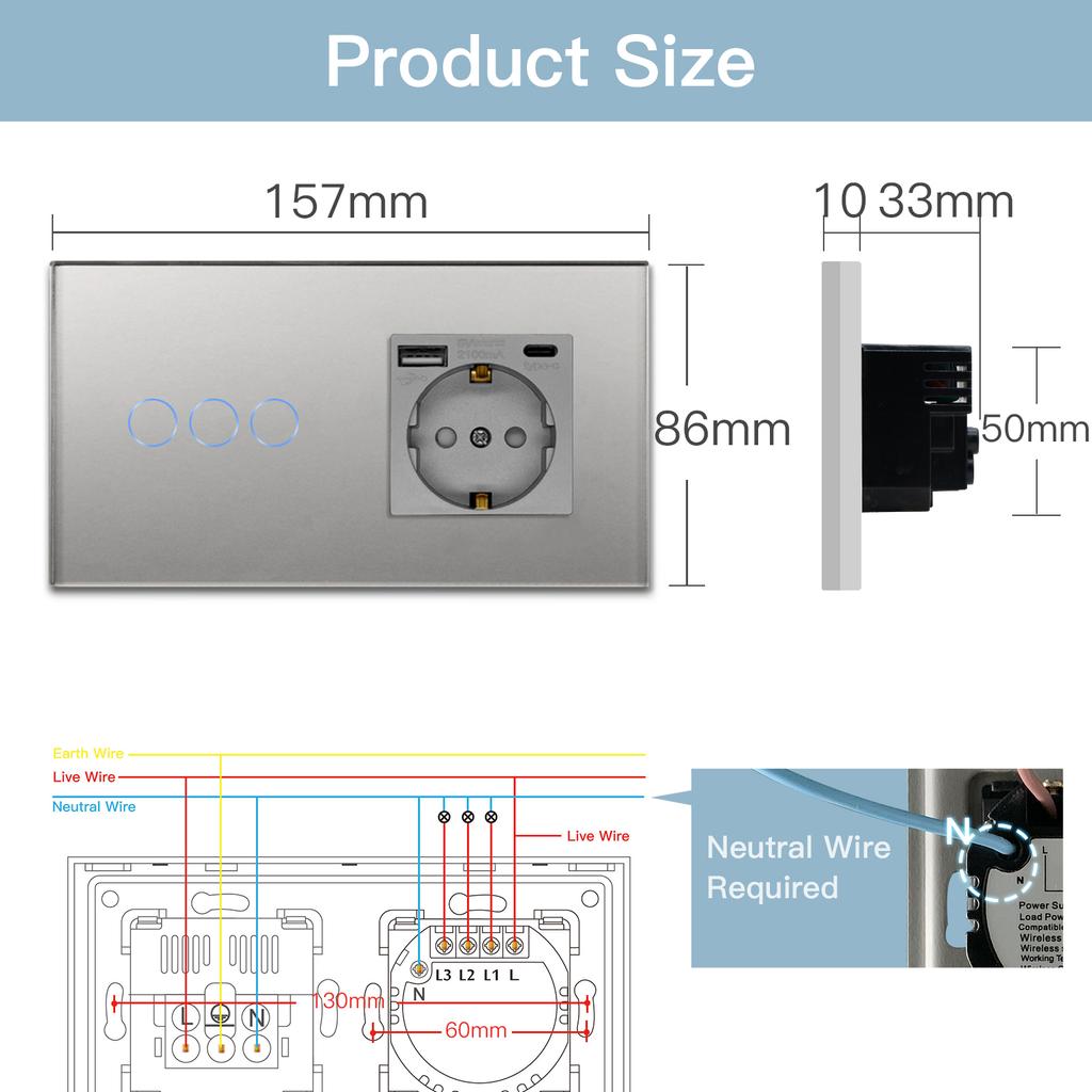 BSEED Zigbee Smart Light Switches 1/2/3 Gang Alexa Tuya Smart Life Compatible Plus Wall Socket With USB Type-C Ports EU Standard