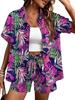 Plant-printed short-sleeved shirt, elastic waist shorts, two-piece set, vacation style casual suit, women's