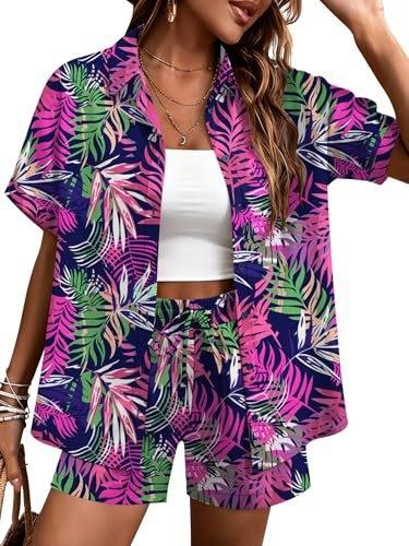 Plant-printed short-sleeved shirt, elastic waist shorts, two-piece set, vacation style casual suit, women's