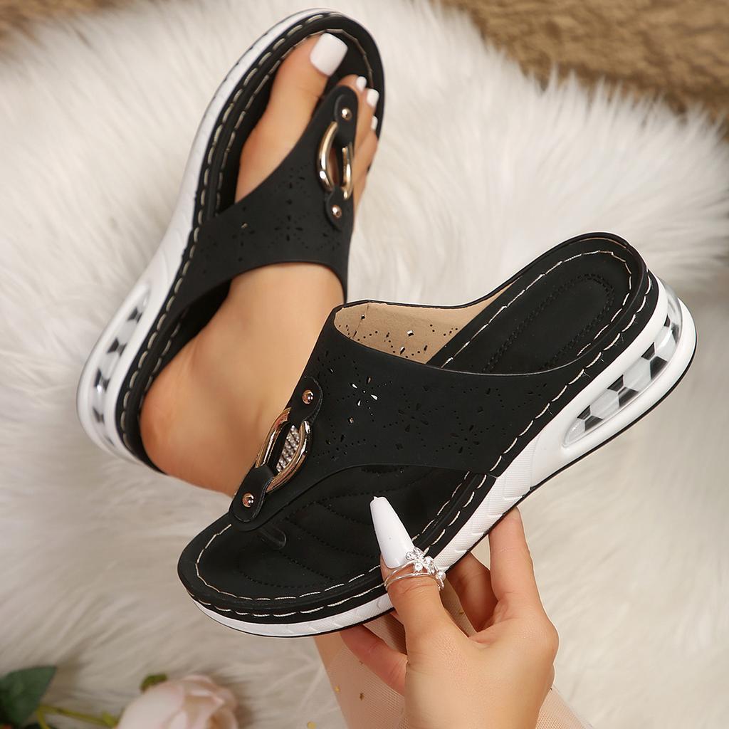 Spot Foreign Trade Large Size Toe Sandals Women 2025 New Round Head Hollow Metal Buckle Slope Heel Thick-bottomed Beach Slippers