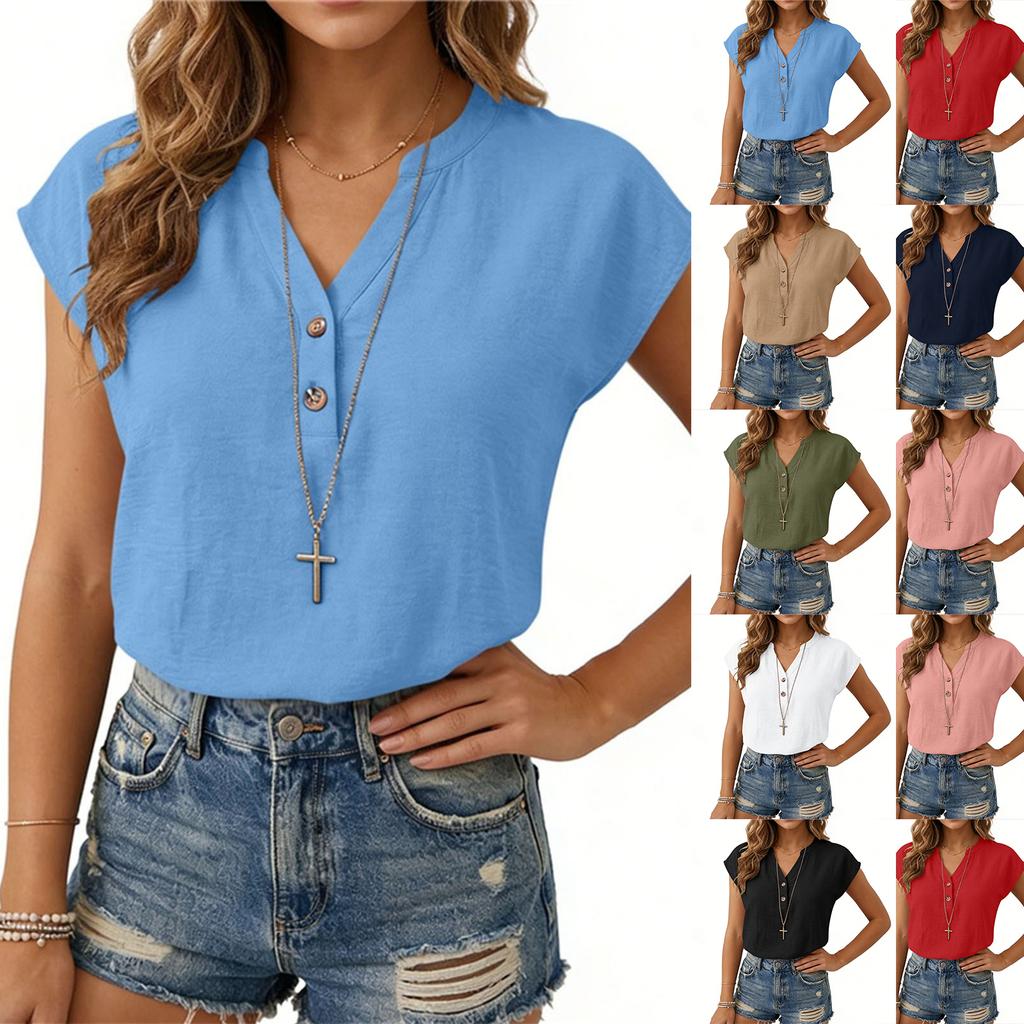 Women’s Casual Loose Fit Button Front Short Sleeve Blouse Relaxed V Neck Lightweight Top Suitable for Everyday Wear