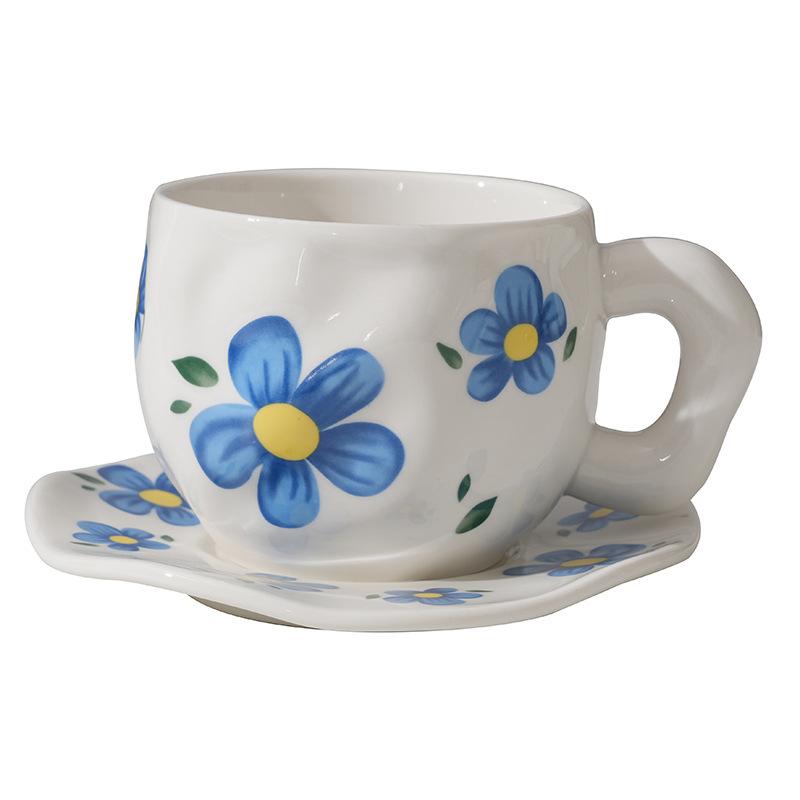 Keramik-Kaffeebecher und Untertassen, handgeformt, handbemalt, unregelmäßige Tassen und Untertassen, hochwertige Frühstückstassen