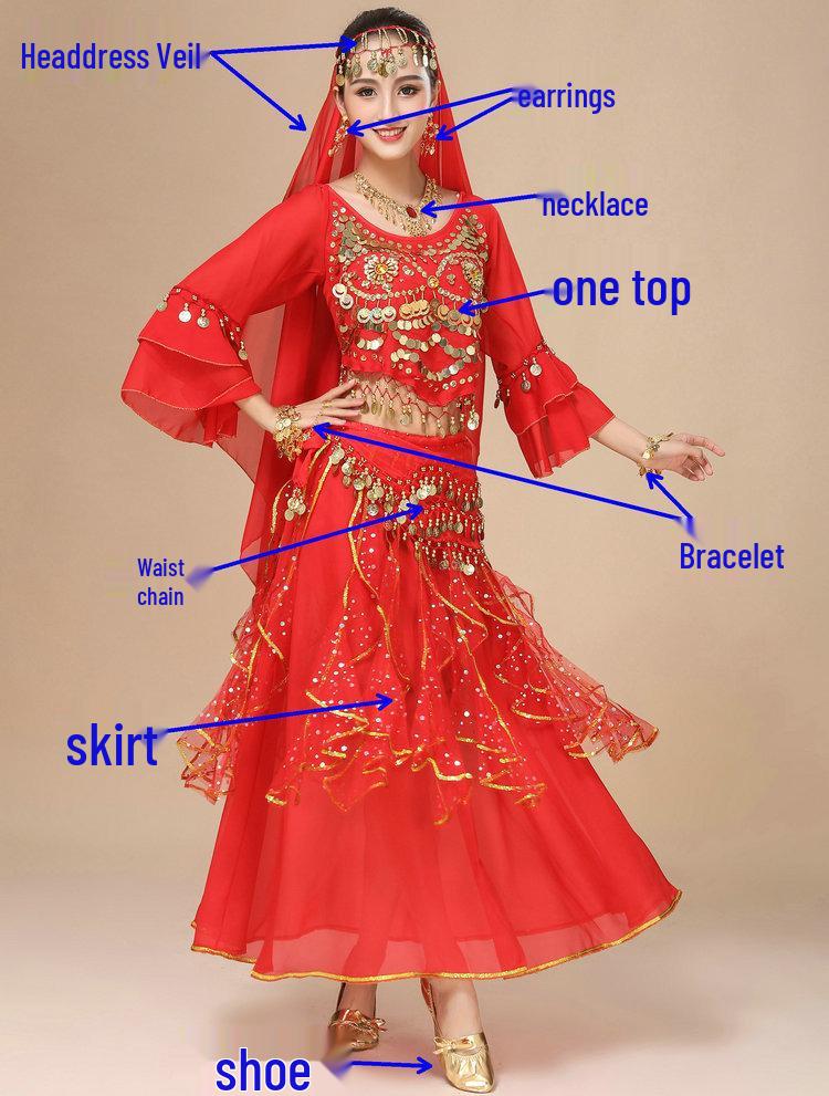 Costum Dans din Buric pentru Femei - Set Etnic de Performanță cu Fustă cu Mâneci Clopot