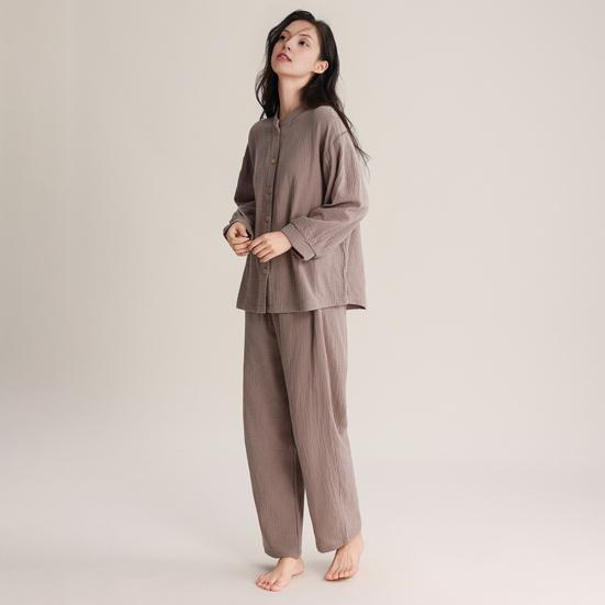 Women's Cotton Pajama Set Button Down Long Sleeve Top And Long Pants Loungewear Set Casual 2 Piece Sleepwear