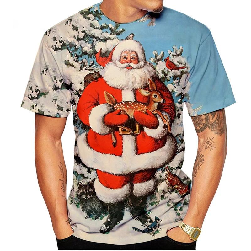 

Summer new trend fashionable 3D printed Santa Claus short sleeved t-shirt, suitable for Christmas Eve wear XS