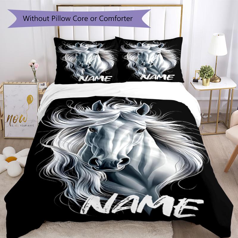 3pcs Custom Name Horse Bedding Set Duvet Cover Closure Includes 1 Duvet Cover & 2 Pillowcases, Soft and Comfortable for All Seasons.