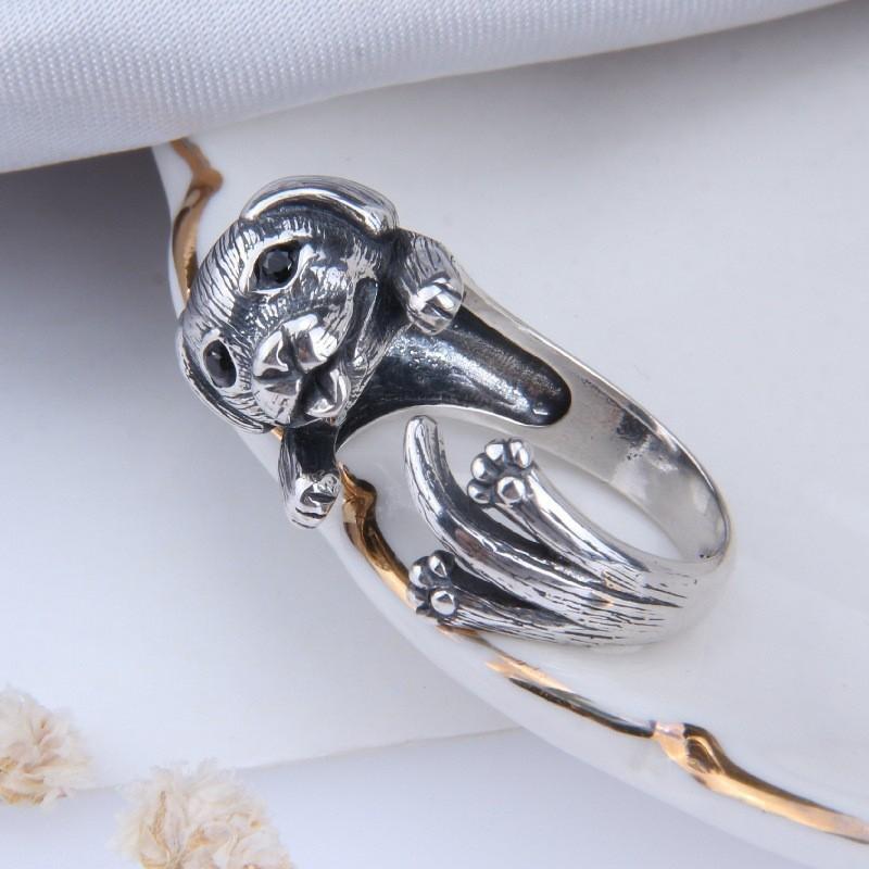Adjustable Open Ring With Cute Tongue-Out Dog Charm Retro Vintage Plated Animal Jewelry Women Men