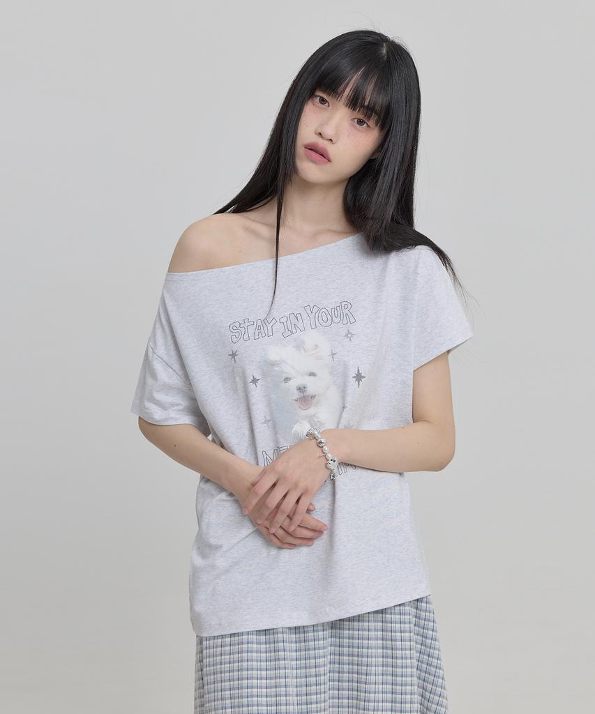 WAIKEI Mellow Dream Cloud Off-Shoulder Short-Sleeve T-Shirt Melange White
