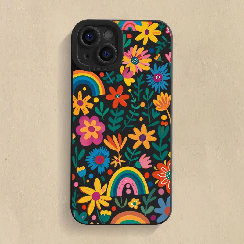 Fresh Rainbow Floral Art Print Phone Case for iPhone 17 16 15 14 13 12 11 Series Pro Max Plus Double Layer Protection