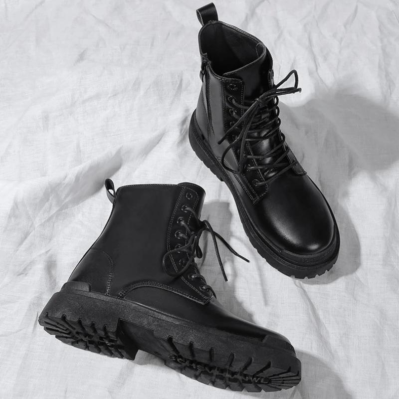 Męskie czarne skórzane buty Nowy brytyjski styl Wysokie modne buty robocze Outdoor Street Fashion Buty męskie Wygodne krótkie