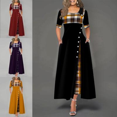 Women's Fashion Half Sleeve Plaid Print Button Detail Maxi Dress Plus Size S-5XL