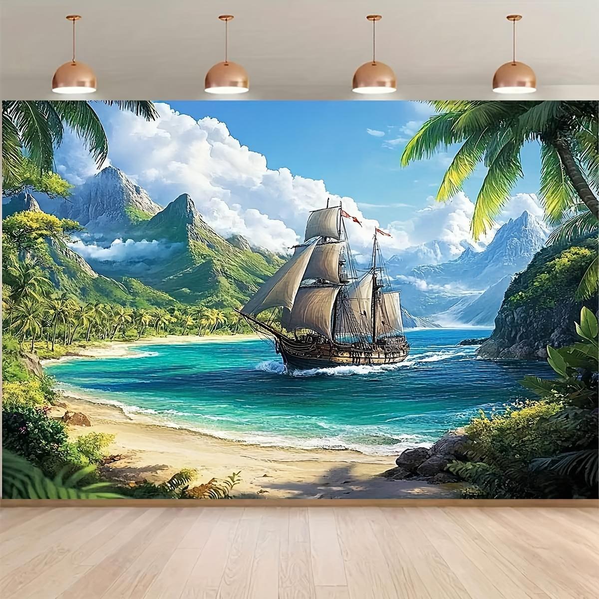 A vibrant tropical beach background - a durable polyester seaside banner with palm trees and turquoise sea water 100x150cm