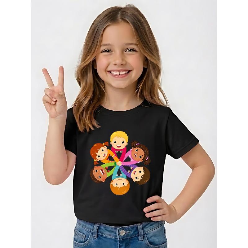 Girls Harmony Day Theme Print Crewneck Casual Short Sleeve Tee