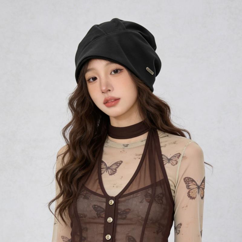 Black pile hat female spring and summer face small bag head hat big head circumference loose hat windproof confinement hat