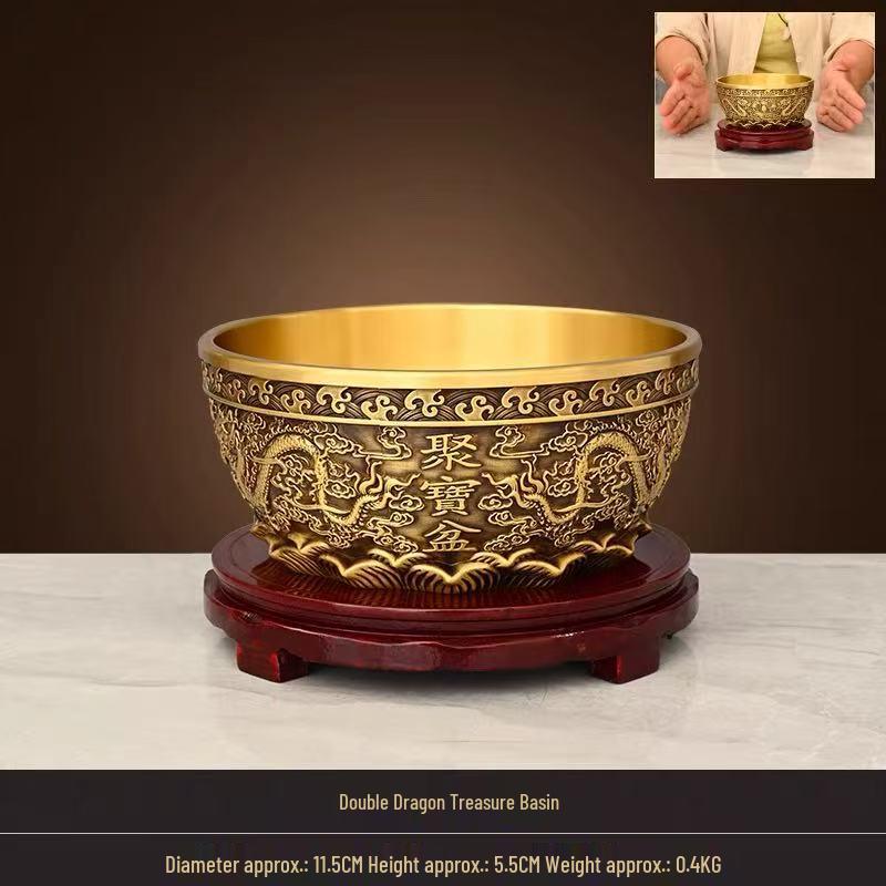 Solid Brass Double Dragon Wealth Basin Ornament for Home or Office Decor