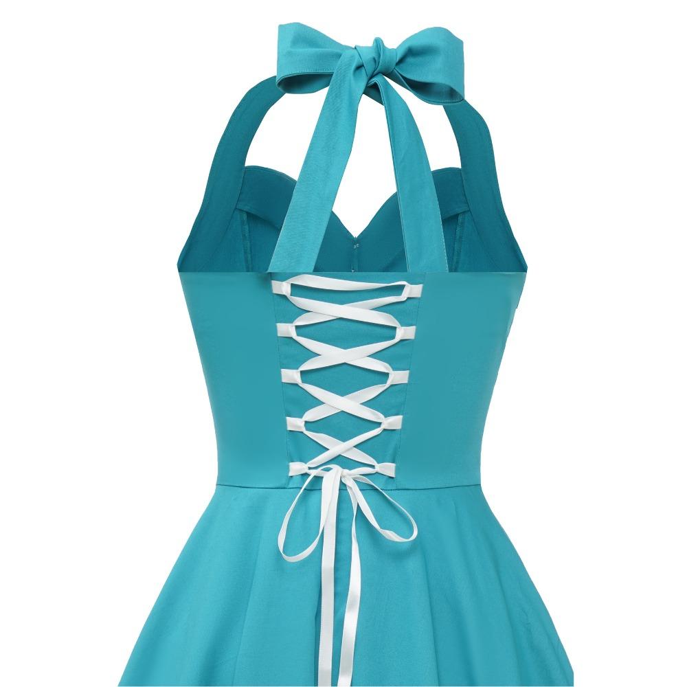 Retro-style Pleated Halter-neck Slimming V-neck Backless Tie-front Orchid Blue Flared Dress – Elegant Performance Attire