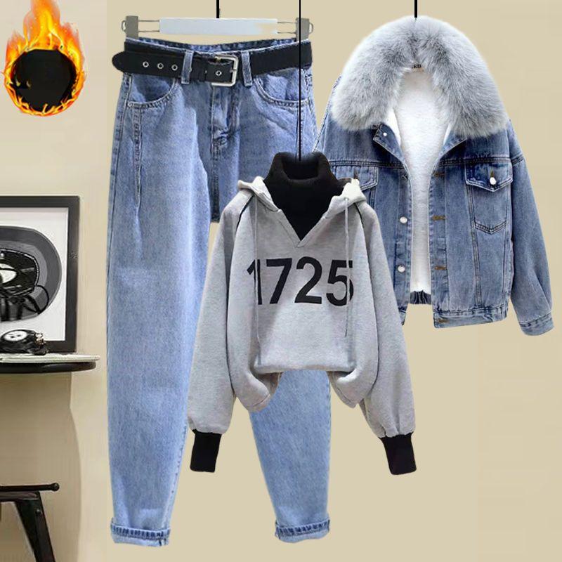 Three-Piece Women's Winter Suit: Fur Collar Lamb Wool Velvet-Added Thick Denim Jacket, Jeans and Fashion Sweater