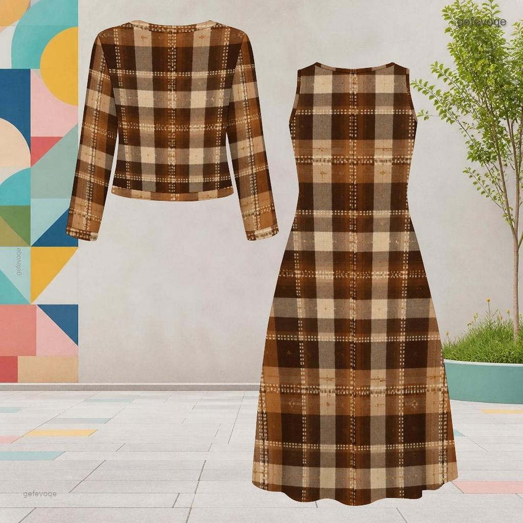Women Plus Size Printed Two Piece Dress Set Round Neck Long Sleeve Cropped Cardigan Sleeveless Dress